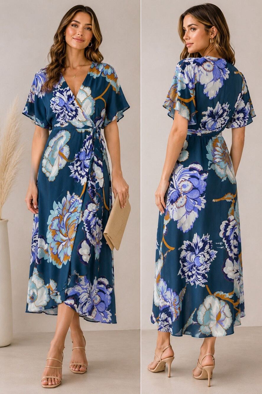 ASOS Floral Wrap Midi Dress – US 6 – Teal Multi – Faux Wrap Tie Waist